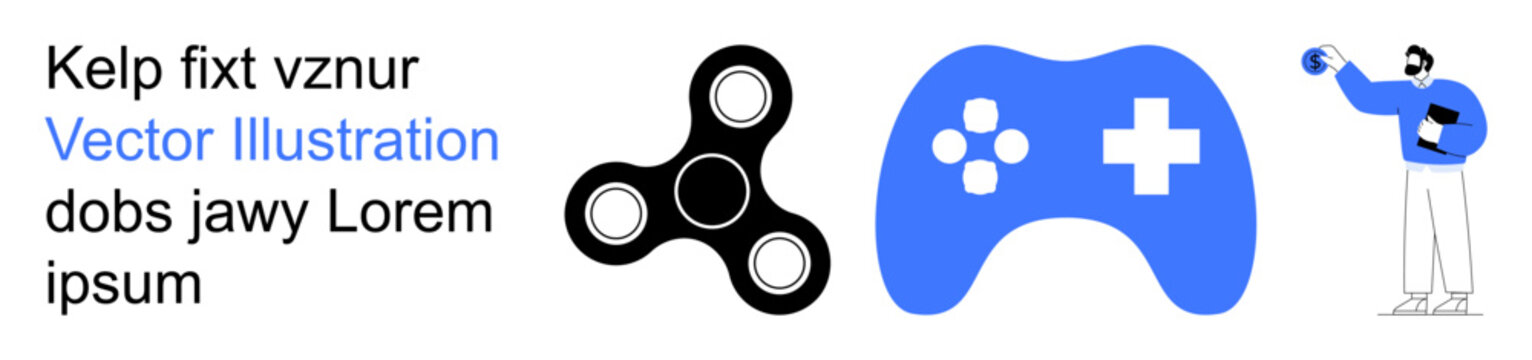 Gaming, stress relief, play, technology, minimalism, lifestyle. A blue controller, black fidget spinner and person holding a ball . Gaming and stress relief concept