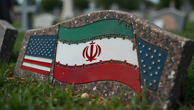 Close-up of limestone headstones with meticulously carved US and Iran flags illuminated by sunlight revealing fine engraving