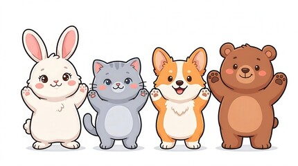 Fototapeta premium Cute Cartoon Animals Set Featuring Bunny Cat Dog And Bear in Friendly Style