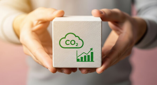 CO2 Reduction Concept Environmental Sustainability Climate Change Carbon Footprint Green Solution Cube Graph Hand Holding Progress Development