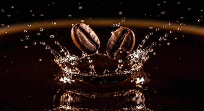 Coffee Beans Falling into Coffee Splashing Dark Brown Drink Aroma Espresso Caffeine Caffeine Splash Fresh Roasted Morning Energy Concept
