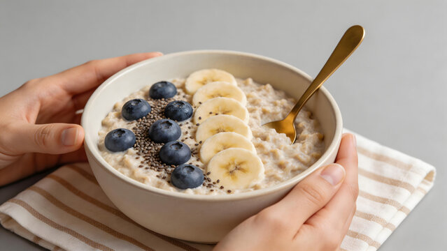 Bowl of oatmeal with fruit and seeds