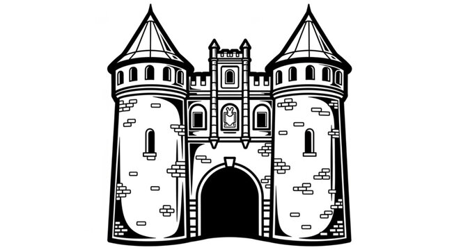 Detailed Black and White Illustration of a Medieval Castle Gatehouse.
