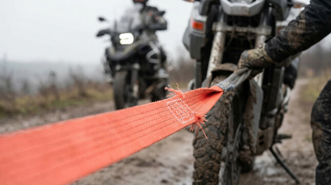 A person pulling a muddy motorcycle with a red tow strap, symbolizing rescue, problem-solving, and assistance in challenging off-road situations