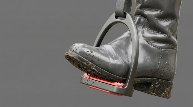 A riding boot in a stirrup, symbolizing equestrian sport, control, and riding gear, ideal for advertising equipment or riding lessons