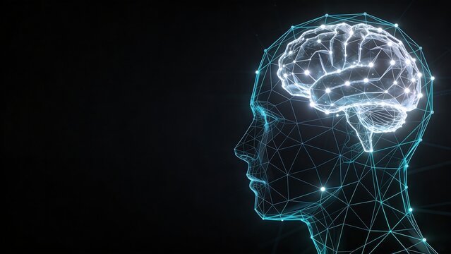 Artificial intelligence and neural network concept with glowing wireframe human head and brain profile on dark background