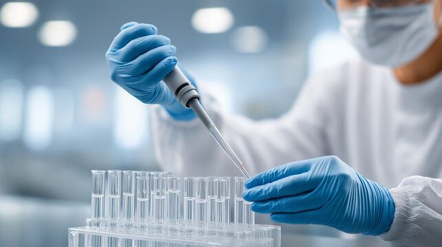 Scientist woman using micropipette to transfer liquid into test tube in laboratory. Researcher performing biological experiment. Clinical analysis and healthcare technology development.