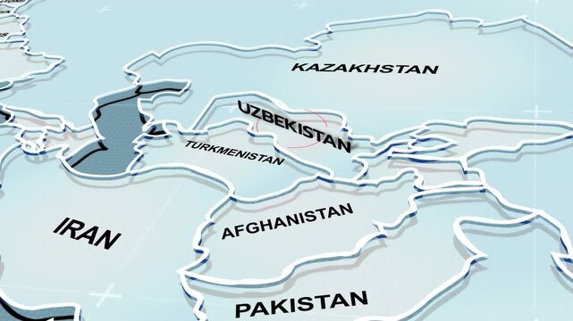a stylized 3D map highlighting uzbekistan, Middle East, uzbekistan map, uzbekistan,