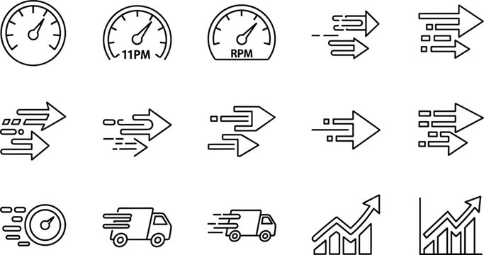 Speed and performance vector icon set with speedometer gauges fast delivery truck and growth bar chart symbolsSpeed and performance vector icon set with speedometer gauges fast delivery truck and grow