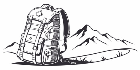 A detailed line drawing of a hiking backpack with mountains in the background, perfect for outdoor and travel themes © MDMamun Islam