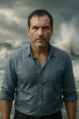 Serious man standing in front of a stormy ocean