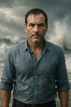 Serious man standing in front of a stormy ocean
