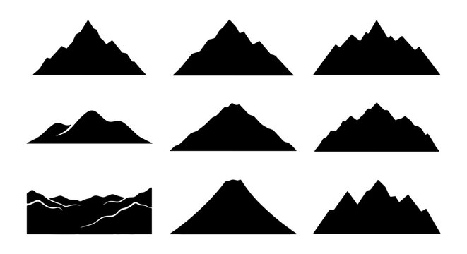 Minimalist mountain silhouette collection, set of 9 black mountain range icons, geometric peak vector shapes for outdoor adventure logos and branding
