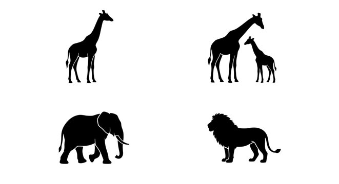 African safari animal silhouettes set, black giraffe and elephant vector icons, wild lion and calf illustrations on white background