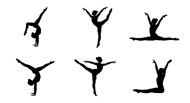 Gymnastics silhouette set of 6 female athletes, rhythmic gymnastics poses and acrobatic stunts, black vector icons of girls performing yoga and dance