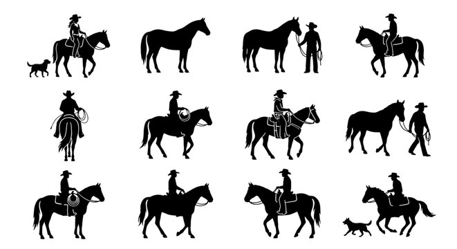 Cowboy silhouette vector set, western horse rider icons, ranch life and equestrian sports graphics, 12 black horse and rider silhouettes