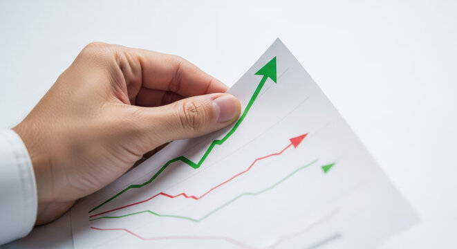Business Growth Chart With Green Arrow Going Up And Red Arrow Rising Slightly In Hand Against White Background