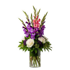 Fototapeta premium A beautiful spring bouquet of pink and purple hyacinth flowers in a glass vase makes a colorful floral arrangement with green leaves and blooming petals isolated for nature decoration