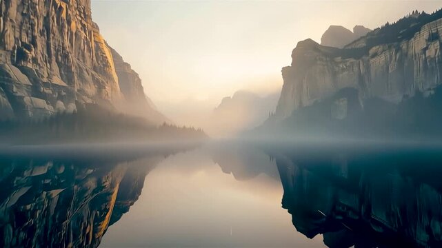 Calm mountain valley with still reflective water surrounded by towering cliffs and soft morning mist creating a serene natural landscape scene