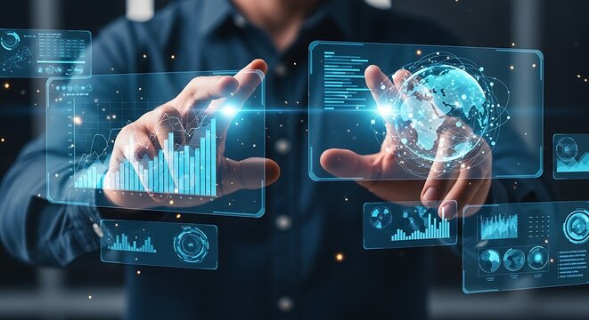 A realstic person interacts with a holographic display showcasing data visualizations including a world globe and realistic holographic discussion