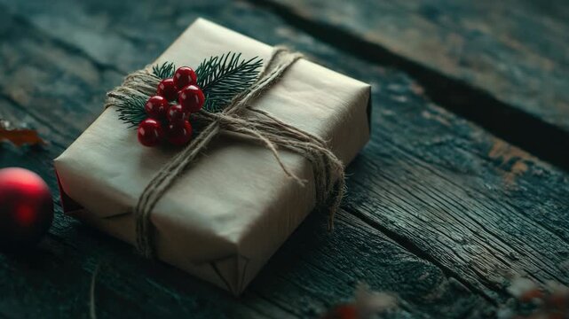 A festive christmas gift wrapped in brown paper, with a hand-tied ribbon and red berry on top as an ornament. The wrapping paper has a traditional christmas pattern.