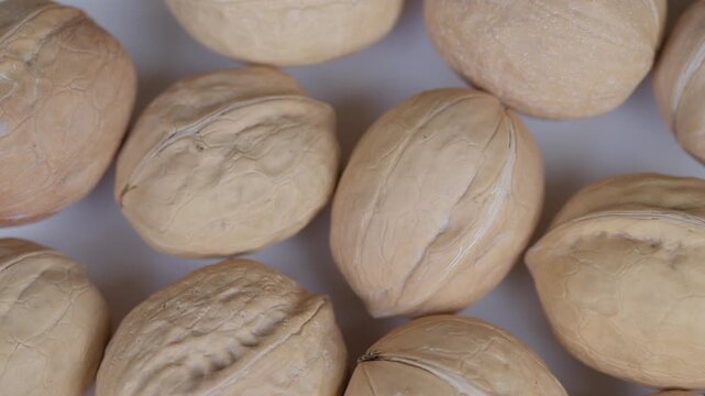 Walnut shells arrangement. Macro photography highlighting beige tones and rough textures of whole walnut shells arranged systematically on white surface for organic food themes