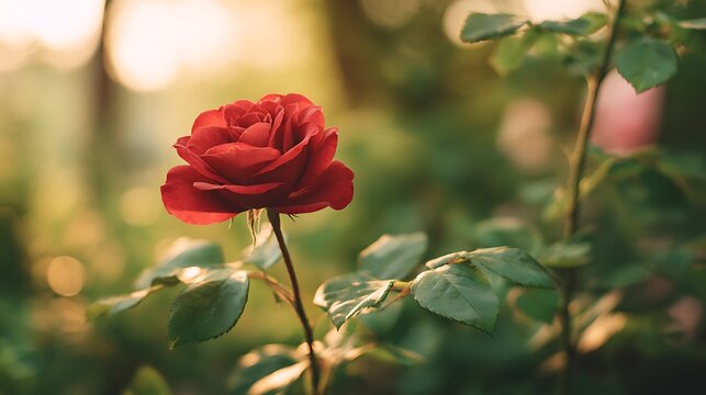 A single red rose in full bloom standing alone in a lush green garden