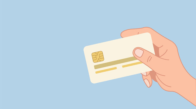 Flat vector illustration of a hand holding a credit card on a plain background with copy space