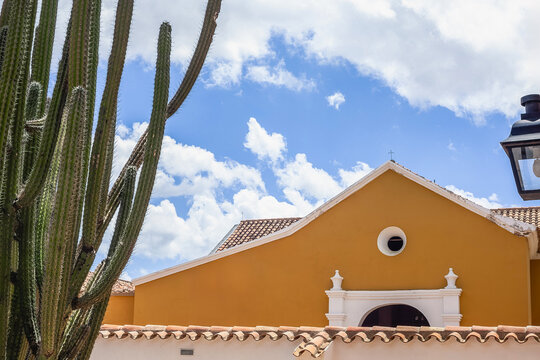 Traditional colonial house with tall cactus in coro falcon venezuela