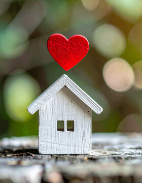 Small wooden house with red heart symbol above. Natural surface, blurred eco-friendly backdrop, sustainability and home care