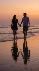 Fototapeta premium Fotografía hiperrealista de pareja caminando descalza por la orilla del mar al atardecer, siluetas suaves, reflejos en el agua, ambiente romántico