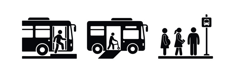 Bus transport icons featuring passenger boarding, accessibility ramp, and people waiting at a bus stop. Minimalist flat black vector design. © Lili