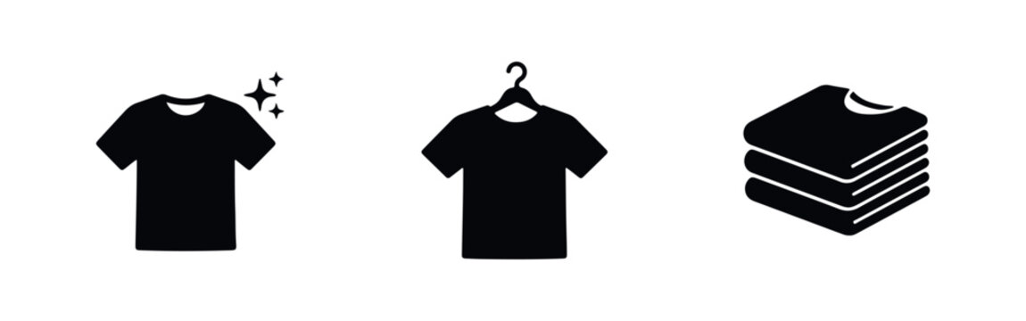Minimalist black icons of a clean t-shirt, a shirt on a hanger, and a stack of folded laundry. Perfect for clothing, retail, and service designs.