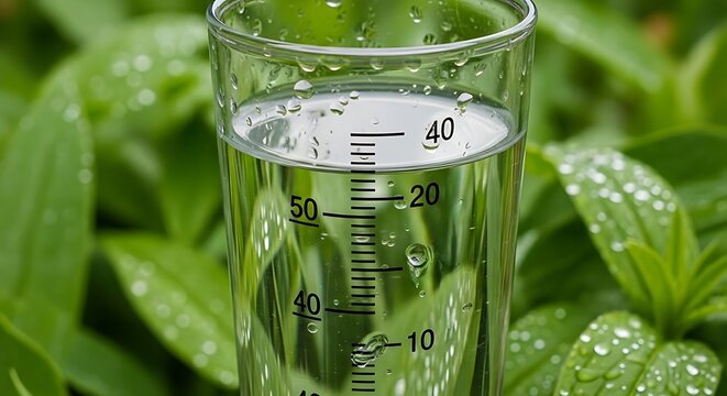 A close up view of a rain gauge sitting outside in the garden surrounded by lush green foliage illustration