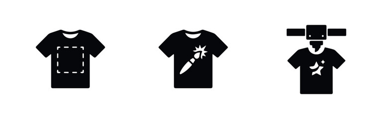 Set of three black minimalist icons representing custom t-shirt printing, apparel design area, artistic painting, and garment production process. © Lili
