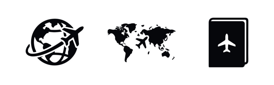 Set of minimalist black travel icons featuring a globe with an airplane, a world map, and a passport. Perfect for tourism and aviation designs.