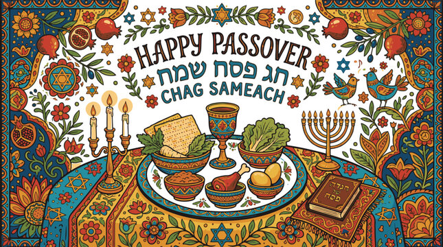 Happy Passover greeting card with traditional Seder plate and Jewish symbols.