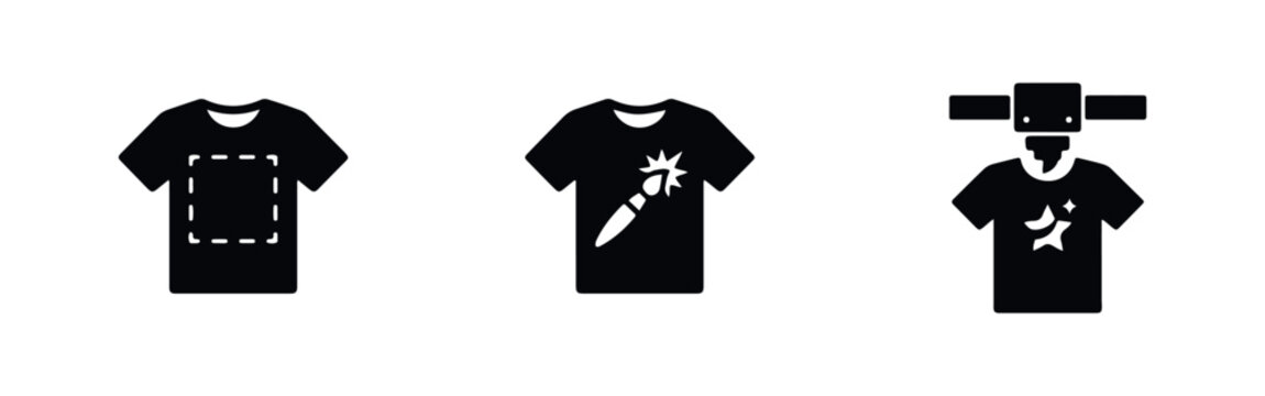 Set of three black minimalist icons representing custom t-shirt printing, apparel design area, artistic painting, and garment production process.