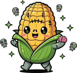 Obraz premium Kawaii zombie corn character vector, cute frankenstein vegetable monster with brain, spooky halloween corn on the cob mascot illustration