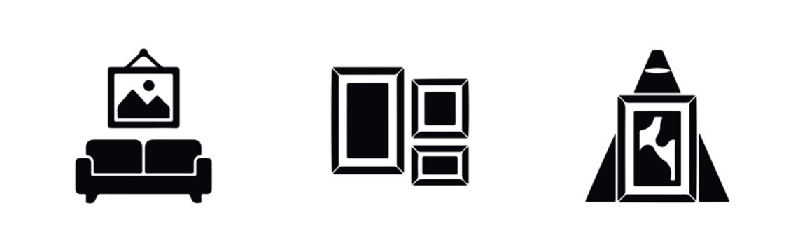 Set of three minimalist black icons representing interior home decor, art gallery displays, and framed pictures on walls and easels.