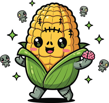 Kawaii zombie corn character vector, cute frankenstein vegetable monster with brain, spooky halloween corn on the cob mascot illustration