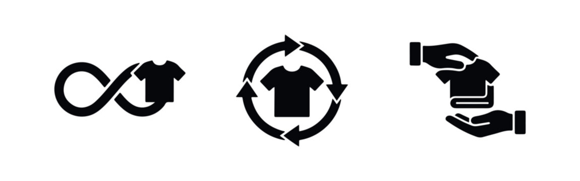 Set of minimalist icons representing sustainable fashion, textile recycling, circular economy, and second-hand clothing donation.