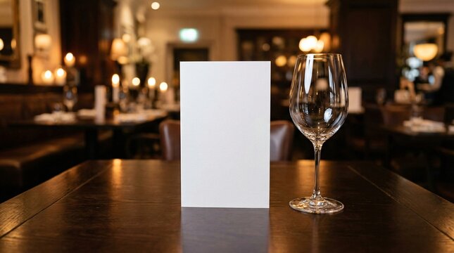 Blank white paper tent menu mockup next to empty wine glass on wooden table in a high-end restaurant