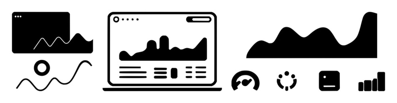 Fintech app dashboard interface set with solid black icon design featuring data visualization, analytics, charts with graphs and statistics
