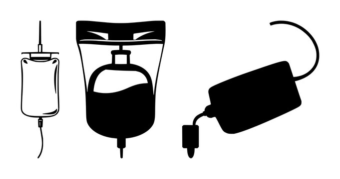 IV drip medical bag set with solid black icon on white background featuring medication, health, and hospital themes with line art and monochrome illustration