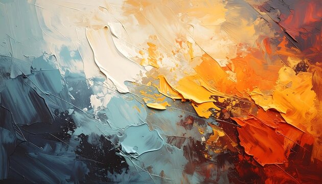 Textured abstract art features thick brushstrokes of blue, white, and warm orange hues, creating a dynamic and vibrant composition
