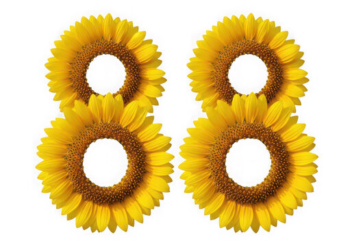 The number eighty eight creatively formed by arranging vibrant yellow sunflower heads together isolated on transparent background