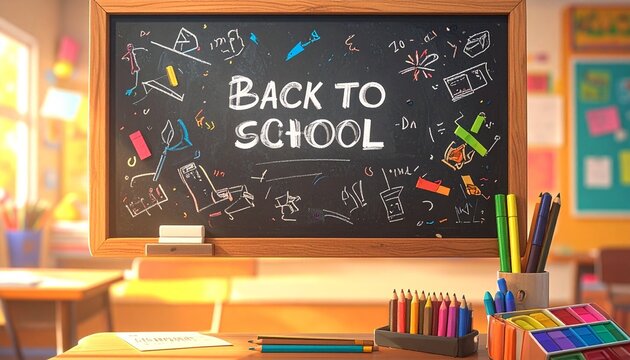 Creative learning revival, chalkboard of playful doodles and supplies glowing in sunlight, joyful preparation for knowledge and imagination.