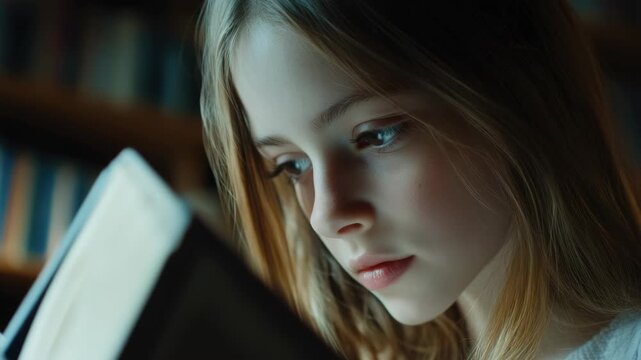 A young girl engrossed in reading a book in a library setting, displaying focus and dedication to learning.