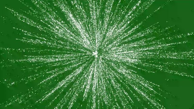 Glow isolated white particle line explosion transparent light effect, 3d animation, abstract cosmic background with colorful firework, glowing lines, big bang concept on green background. 4k